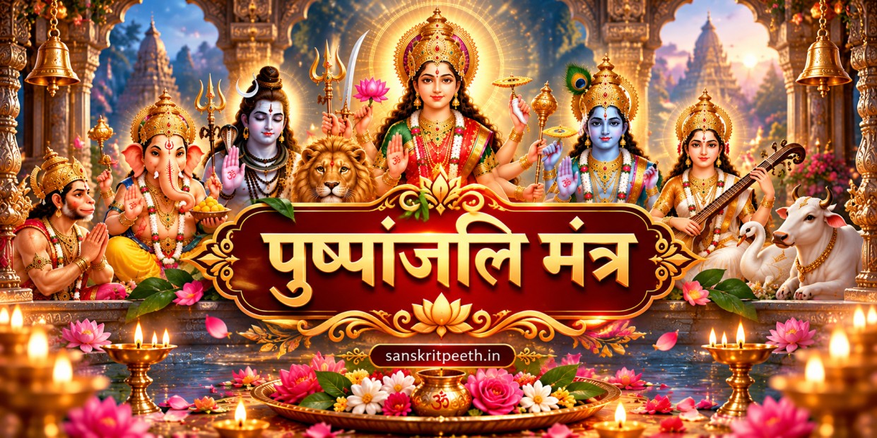पुष्पांजलि मंत्र के लिए देवी-देवताओं और पुष्प अर्पण से सुसज्जित मंदिर का दृश्य – SanskritPeeth.in