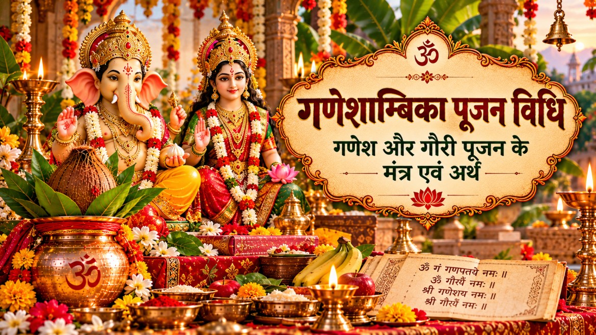 भगवान गणेश और माता गौरी का दिव्य स्वरूप, गणेशाम्बिका पूजन और वैदिक मंत्रों का धार्मिक कवर चित्र