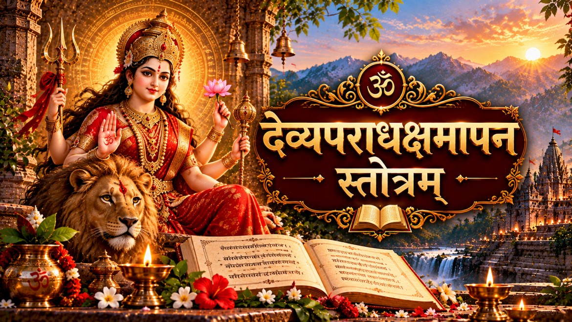 माँ दुर्गा का दिव्य स्वरूप और देव्यपराधक्षमापन स्तोत्र का धार्मिक कवर चित्र