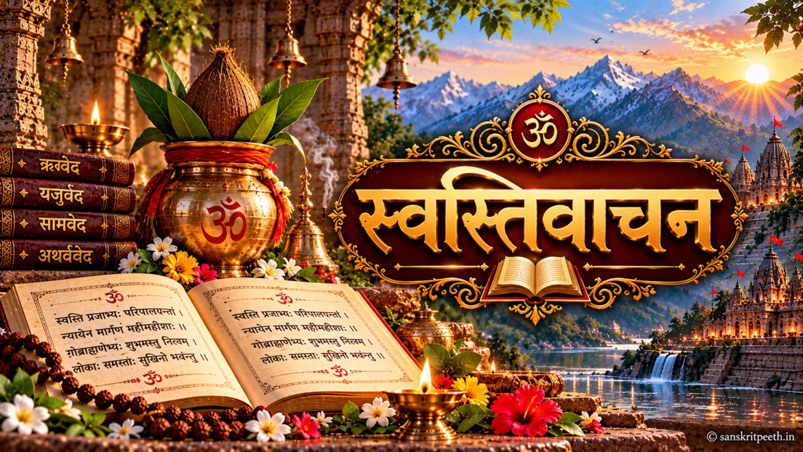 स्वस्तिवाचन वैदिक मंत्र, गणेश पूजन और मंगलकामना का धार्मिक कवर चित्र
