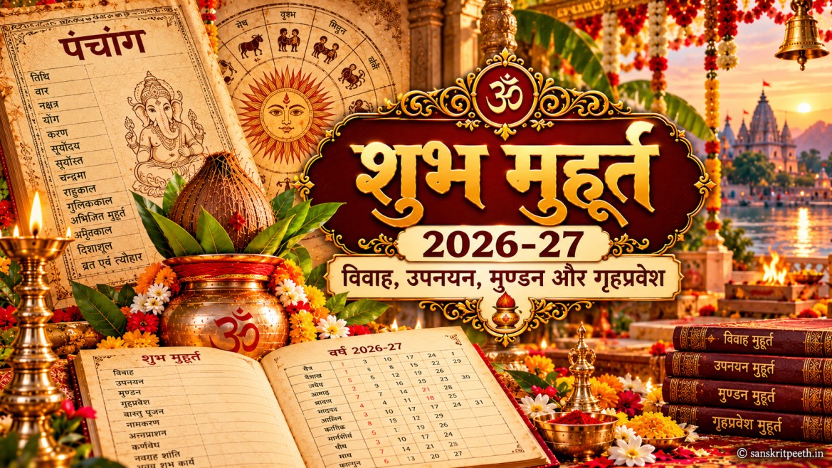 शुभ मुहूर्त 2026-27 का धार्मिक कवर चित्र, जिसमें विवाह, जनेऊ संस्कार, मुण्डन और गृहप्रवेश की झलक हो