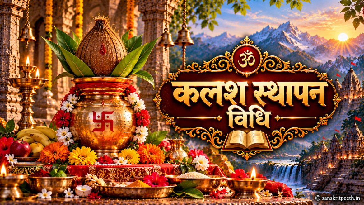 कलश स्थापना विधि में पूजन सामग्री, जल से भरा कलश, नारियल और आम के पत्तों का धार्मिक चित्र