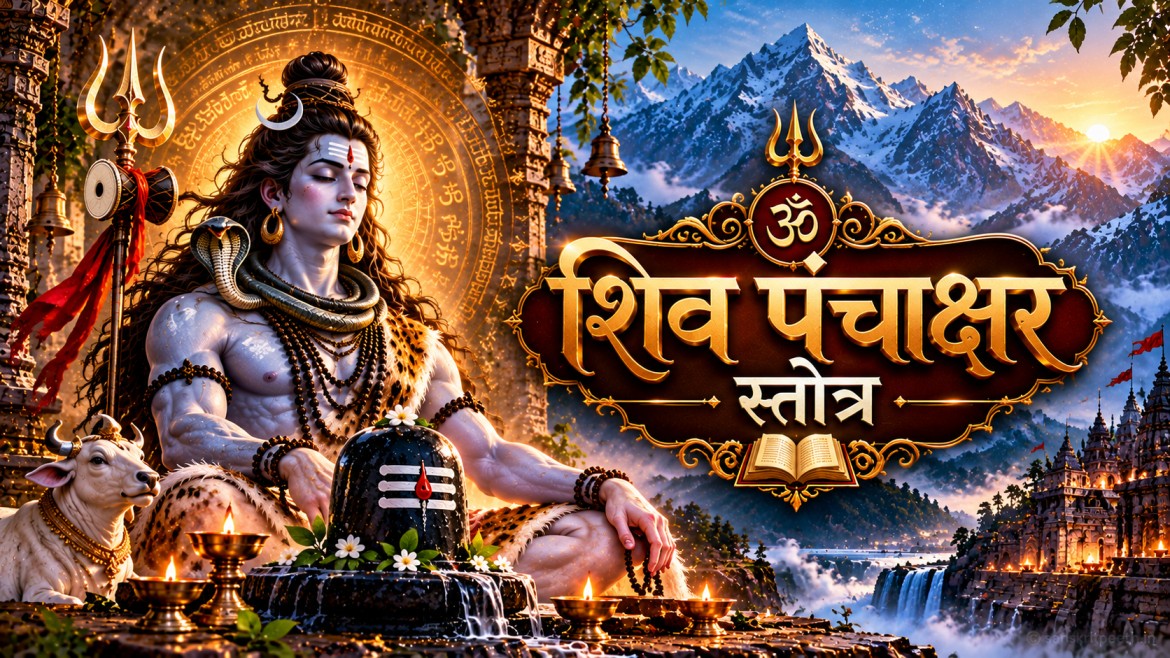 भगवान शिव का दिव्य स्वरूप और शिव पंचाक्षर स्तोत्र का धार्मिक कवर चित्र