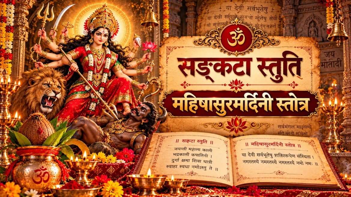 माँ दुर्गा का दिव्य स्वरूप, महिषासुरमर्दिनी स्तोत्र और सङ्कटा स्तुति का धार्मिक कवर चित्र