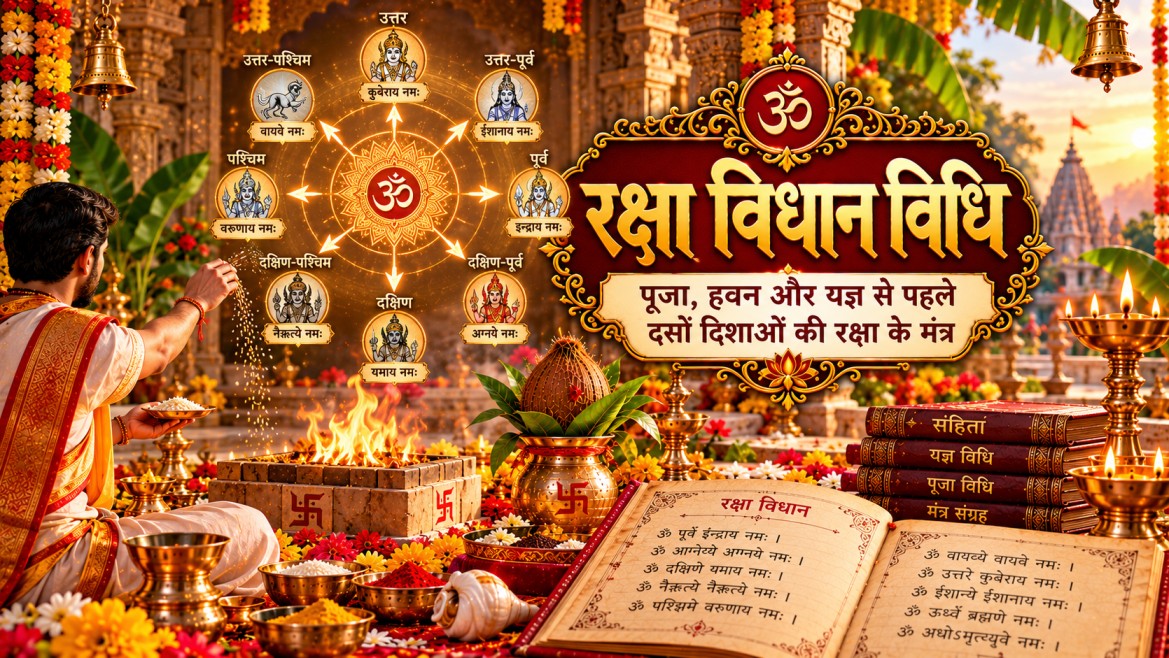 पूजा और यज्ञ से पहले रक्षा विधान करते हुए दसों दिशाओं में अक्षत और पीली सरसों अर्पित करने की वैदिक विधि