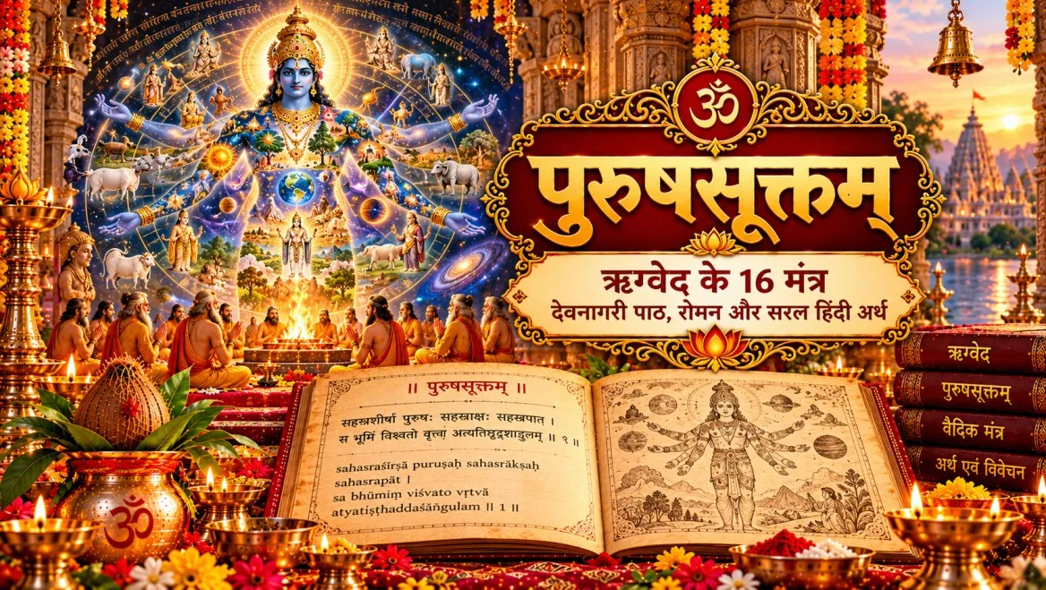 भगवान विष्णु के विराट पुरुष स्वरूप का दिव्य चित्र, पुरुषसूक्त के वैदिक पाठ और सृष्टि रचना का प्रतीकात्मक दृश्य