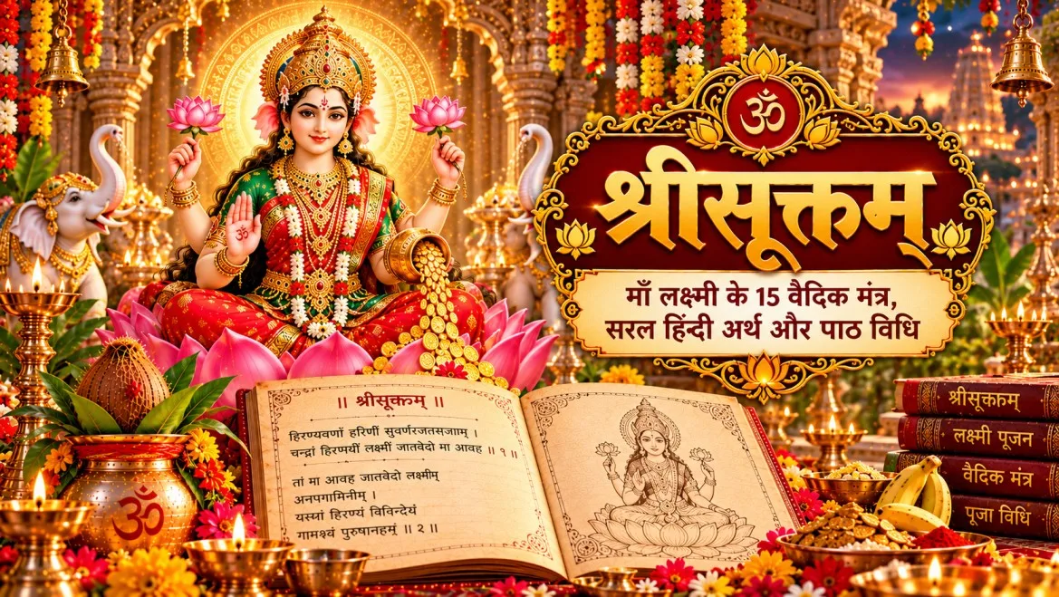 कमल पर विराजमान माँ महालक्ष्मी, दीपक और कमल पुष्प के साथ श्रीसूक्त पाठ का दिव्य दृश्य
